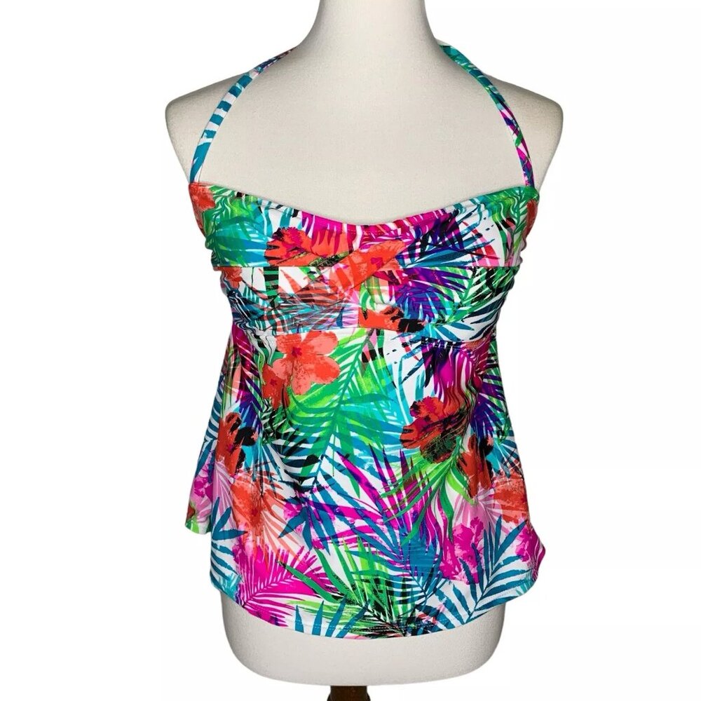 Catalina Halter Tankini Top Size Large 12-14 Multi Color Tropical Floral Print